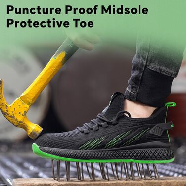 Захисні черевики SPIEZ Unisex з металевим носком, антипрокольні, легкі робочі кросівки для жінок та чоловіків, дихаючі, модні, чорно-зелені, 44 EU