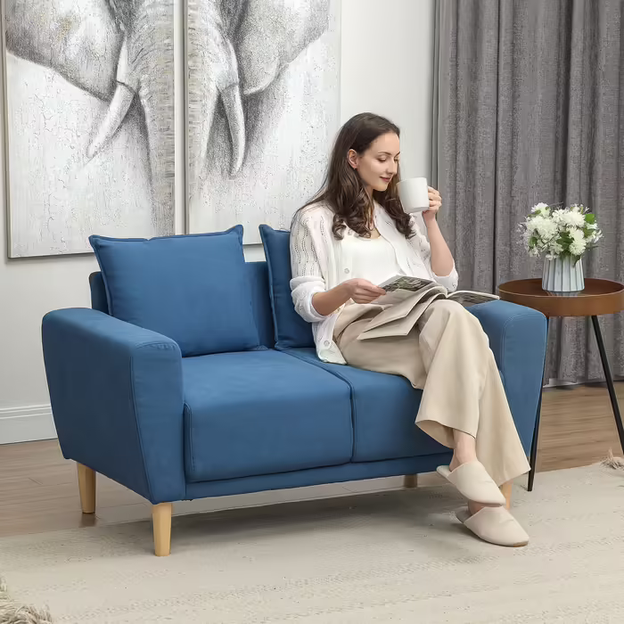 HOMCOM 2-Seater Sofa with 2 Cushions, Upholstered Sofa with 51cm Extra Deep Seats, Velvet Double Sofa, Small Sofa with Wooden Frame 2-Seater Couch for Living Room Bedroom Office, 133 x 73 x 81 cm, Blue | Aosom