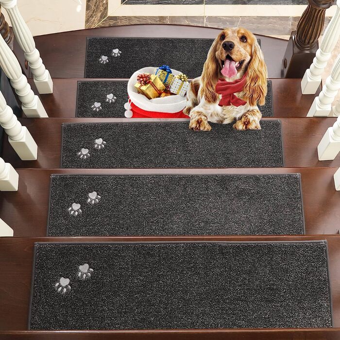 BEQHAUSE Килимки на сходи нековзні, 15 шт., машинне прання, самоклеючі, для дітей, літніх людей та домашніх тварин, 100% поліестер, TPE-підкладка, 22x70 см, темно-сірий, 15 шт.