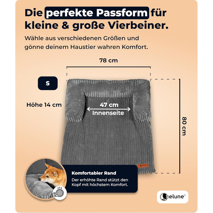 Диванчик для собак Belune Deluxe - миючий, плюшевий, для собак маленьких та середніх порід (темно-сірий, S - 80x78 см)