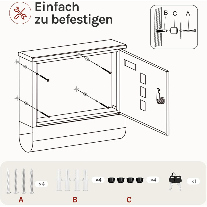 Поштовий ящик WOLTU з газетницею та оглядовим вікном, персоналізований, настінний, з замком та 2 ключами, сірий, 37x37x10.5 см
