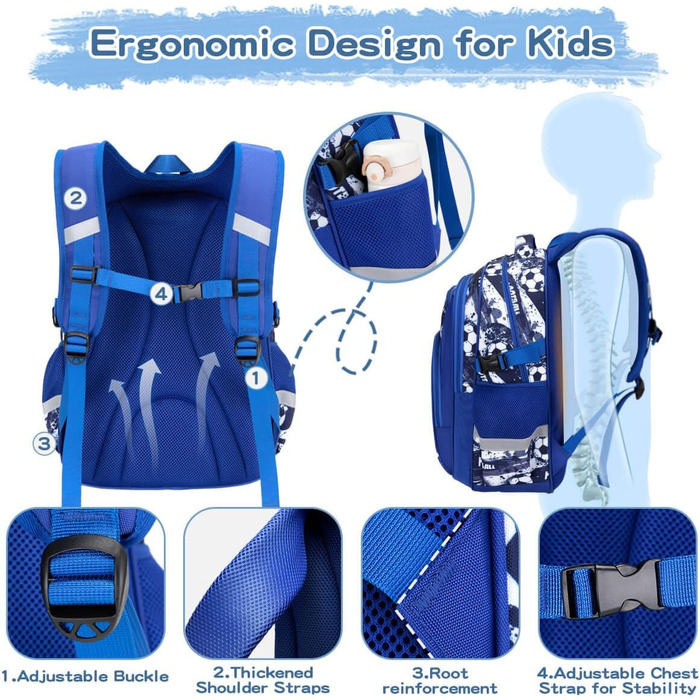 Дитячий рюкзак Cusangel для дівчаток та хлопчиків, ергономічний, регульований, водостійкий, з нагрудним ременем (синій, з футбольною тематикою)