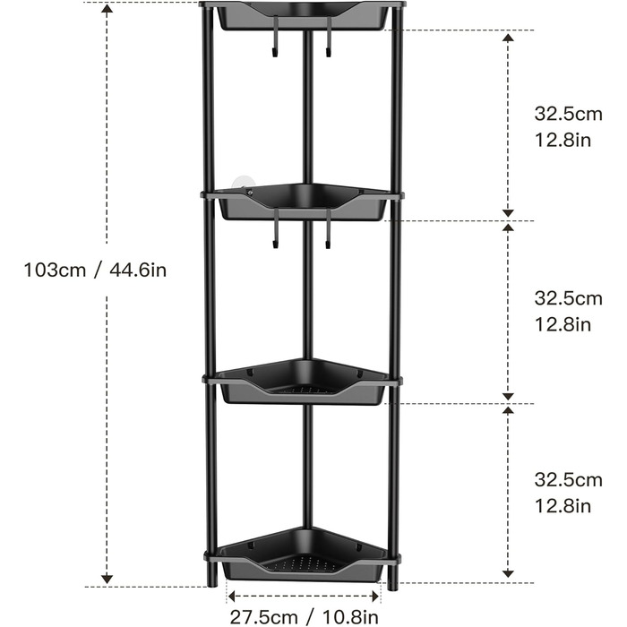 Дзеркальна поличка для душу Orimade (4 шт.) з нержавіючої сталі, кутова, чорна