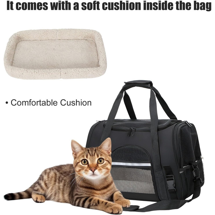Транспортна сумка для тварин з підстилкою з флісу, чорна. Підходить для котів та собак до 10 кг