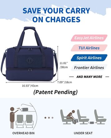 Спортивна сумка Wandf для ручної поклажі в літак (45x36x20 см) з відділенням для взуття та мокрих речей, для подорожей, спортзалу (блакитна)