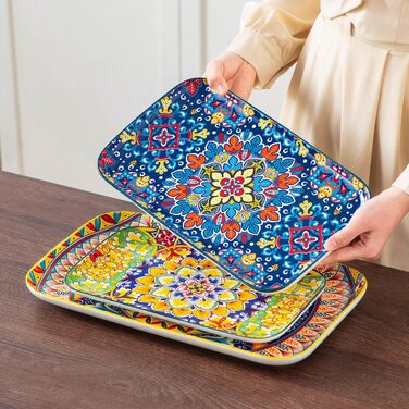 Vancasso Porcelain Serving Platter Set, SIMI Rectangular Plate Set, Bohemian Dinner Plates, Cake Plates, Dessert Plates, Breakfast Plates, 3 Sizes Serving Platters