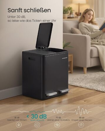 Сміттєвий відер SONGMICS PARY LTB160EZ01 для кухні, 2 відсіки по 15 л, нержавіюча сталь, кришка Soft-close, педальний механізм, сріблястий (чорний), з 15 пакетами