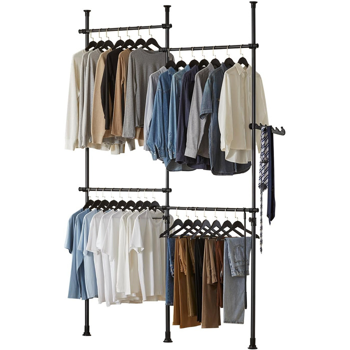 SoBuy KLS03-SCH Clothes Rack Coat Stand with 4 Clothes Rails Telescopic Wardrobe System Adjustable Shelf System black Bra approx. 124-226x200-285cm