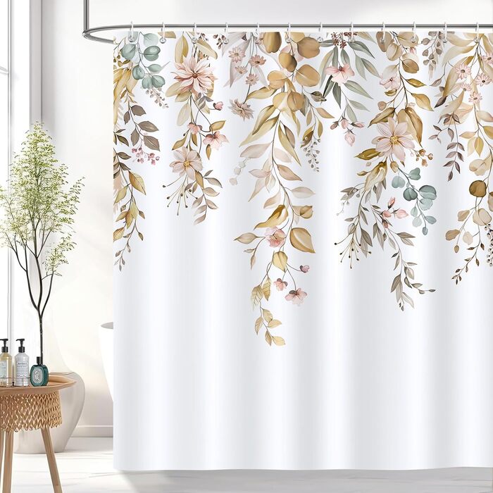 Штора для душу Bonhause Braun Eukalyptus осінній акварельний малюнок, 180x180 см, поліестер, водонепроникна, з 12 гачками