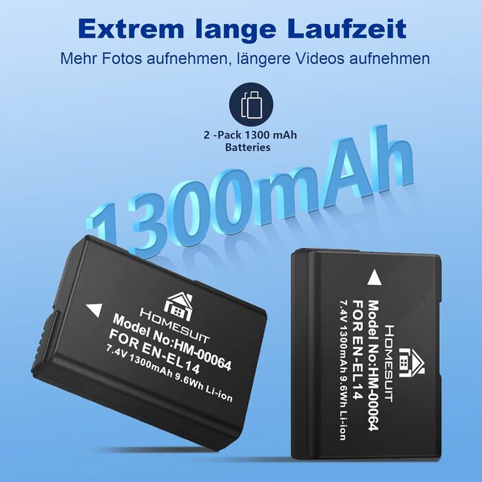 Акумулятор EN-EL14 1300mAh для Nikon + USB LED зарядний пристрій (2 шт.)