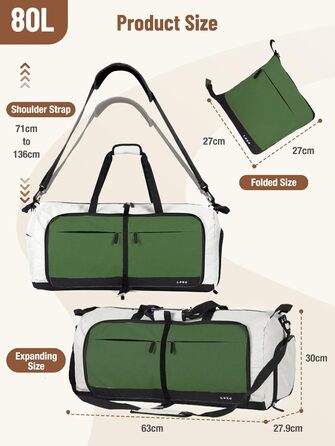 Спортивна сумка Lekesky 80L для подорожей та спортзалу, 45x36x20 см, водонепроникна, з відділенням для взуття (бежево-зелена)