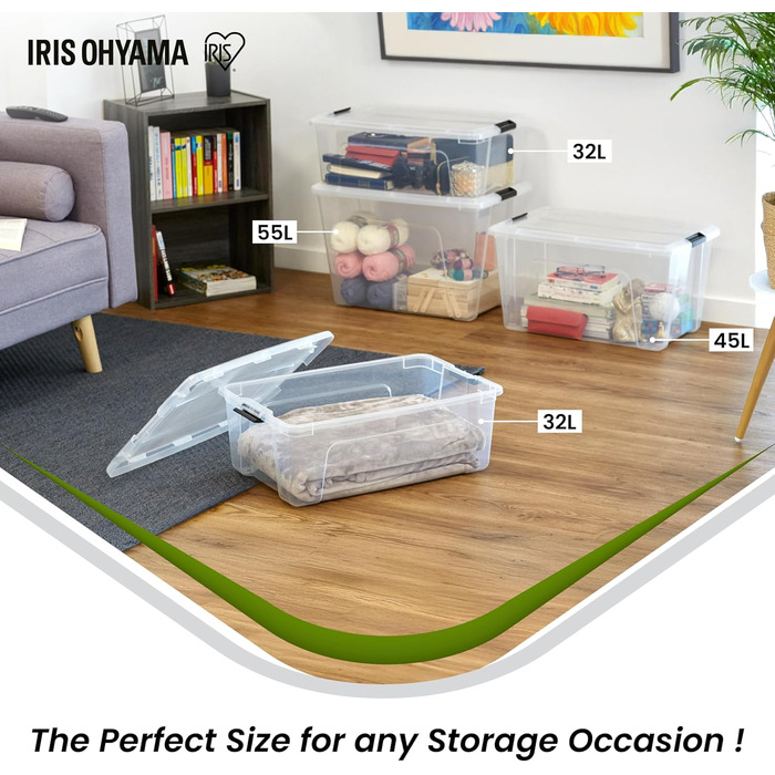 Iris Ohyama Storage Box with Lid, 6-Piece Set, Transparent, Snap Closures with Handles, Stackable, Strong & Durable, For Clothing, Garage, Home, Office, Plastic Box, Storage TB-45 (32L, x4)