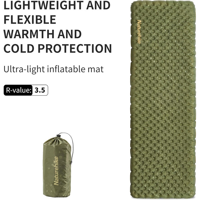 Naturehike килимок для кемпінгу Thermal 3.5R - ультралегкий, 4-сезонний (-6℃), самонадувний з надувною сумкою, високий R-значення, для зими, військовий зелений, прямокутний, XL