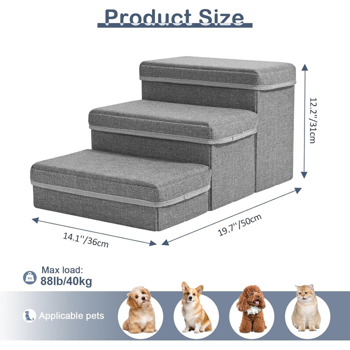 Сходинки для домашніх тварин Couleeur: 3 сходинки, антиковзкі, з місцем для зберігання, для собак та котів, складані, сірі