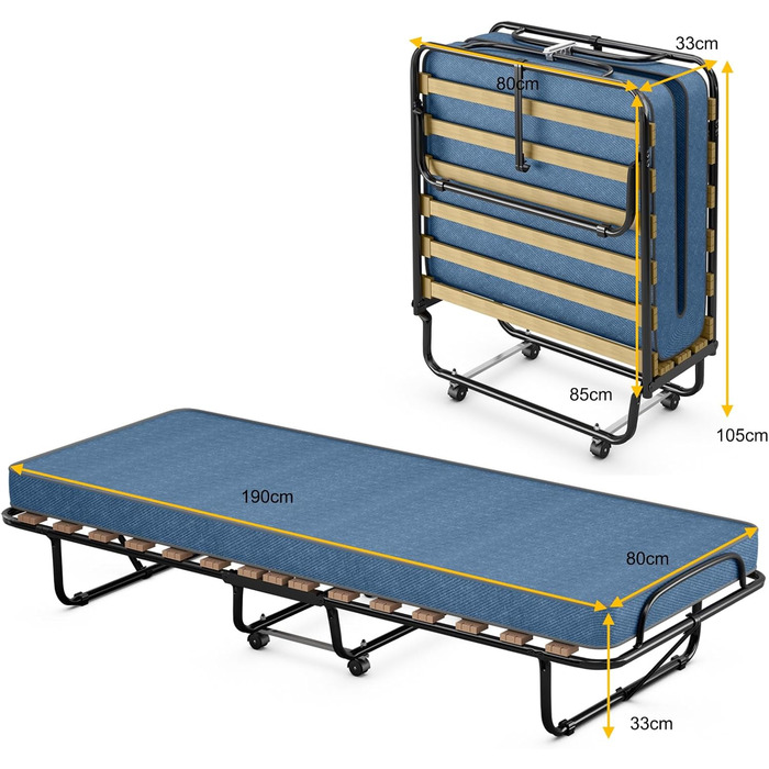 COSTWAY Гостьове ліжко 80x190 см з матрацом з memory foam, складане односпальне ліжко, металевий каркас до 130 кг, ліжко-трансформер на колесах, для вітальні/гостьової кімнати, блакитне
