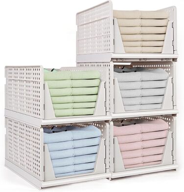 5 Foldable Plastic Storage Boxes, Drawer Box, Stackable Closet Organizer, Shelf Storage Box, Shelf Baskets Closet, Stackable Drawer Storage Boxes, for Kitchen Bedroom, White (5 Pcs XL)