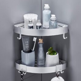 FIISAYL Shower Shelf No Drilling Shower Shelf Corner Bathroom Organizer Bathroom Shelf Shower Basket, Shower Corner Shelf with 4 Hooks Aerospace Aluminum Wall Mount Silver, 2 Pack