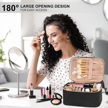 Жіноча косметичка для подорожей, водонепроникна, з відділенням для пензликів, з PU шкіри, велика, органайзер, косметичка для макіяжу (Хвилястий зелений, Елегантний чорний)