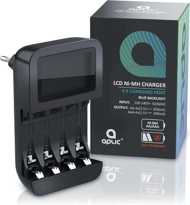 Зарядний пристрій CSL для акумуляторів AA/AAA NiMH з LCD-дисплеєм, 4 слоти, чорний