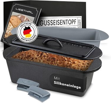 LIEBTHAL Loaf Pan with Lid - Precision-Fitting Non-Stick Silicone Insert - Pre-Seasoned Cast Iron Pot 3.5 L - Casserole Dish for Baking, Roasting, and Braising
