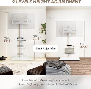 Adjustable TV Stand for 32-65 inch TVs - Swivel & Tilt, 2-Tier Shelves, VESA 400x400, 35kg Capacity (White)