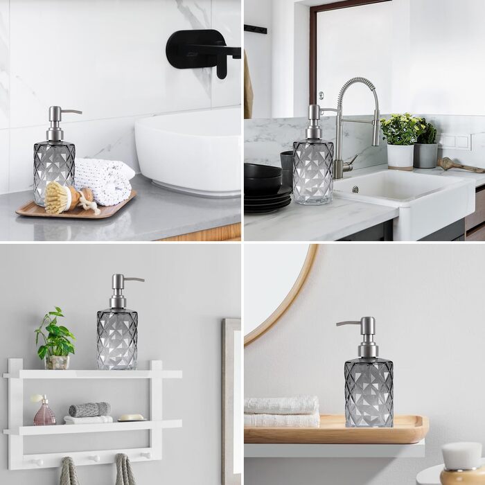 Дозатор мила скляний для ванної кімнати, наповнюваний помповий дозатор для кухні з нержавіючим тримачем, 2 підставки, 330 мл, вінтажний дозатор мила з матовим насосом (сірий)
