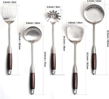 Набір кухонного приладдя з нержавіючої сталі, 5 предметів: лопатка, половник, шумовка, серветка для пасти та шумовка, придатний для миття в посудомийній машині