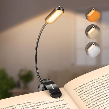 LED лампа для читання Gritin з кліпсою, USB-зарядка, 11 світлодіодів, 3 рівні яскравості, 3 режими температури кольору, гнучка на 360°, чорна