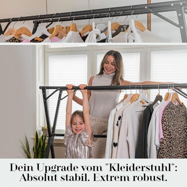 Clothes Rack/Laundry Rack + Bag Moritz [Extendable 1.30-2.0m, foldable, very Stable Stainless Steel] Clothes Rail, Coat Rack, Entrance Hall Coat Rack, Open Wardrobe (Black, with Hooks / without Bag)