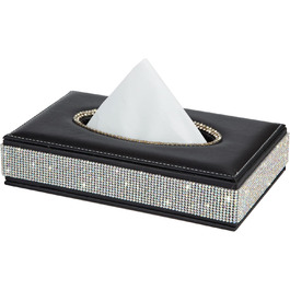 Rectangular tissue box – decorative tissue holder with sparkling crystal rhinestones and made from high-quality leather, perfect for car, office, home – Black