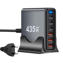Зарядний пристрій USB-C 435W, 6 портів: швидка зарядка для MacBook Pro/Air, iPad Pro/Air, Samsung та інших – чорний