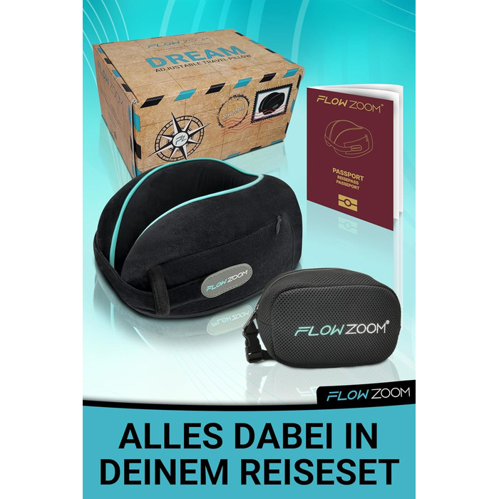 Подушка для шиї FLOWZOOM Comfy для подорожей: регульована, з memory foam, для автомобіля та літака, 360° підтримка, дихаючий чохол, з транспортним мішечком, сіра (Dream - чорна)