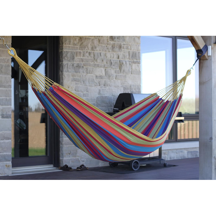 Vivere Double Cotton Hammock in Brazilian Style with Polyester End Loops, Weight Capacity 450 lbs (Tropical)