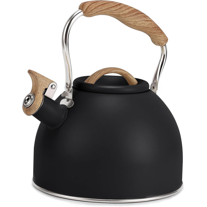Чайник для плити Vegoran 3 л з дзвінкою свисткою, з нержавіючої сталі з дерев'ястим декором, з кришкою-засувкою, для чаю, кави, молока (зелений, чорний)