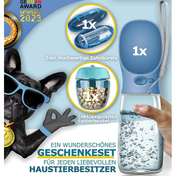 Набір для собак 2 шт: велика складана пляшка для води 550 мл + зубна щітка | Преміум якість, витік неможливий | Для подорожей