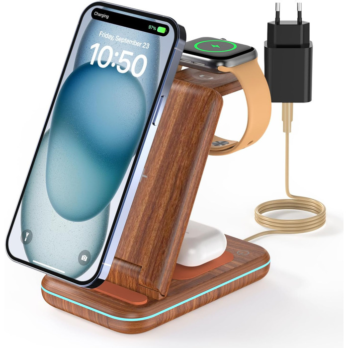 Бездротовий зарядний пристрій JoyGeek 3-в-1 для iPhone, Apple Watch, AirPods (з текстурою дерева)