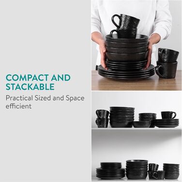 Набір посуду Navaris з каменю (16 предметів) для 4 осіб - тарілки, супові тарілки, чашки, антрацитовий колір