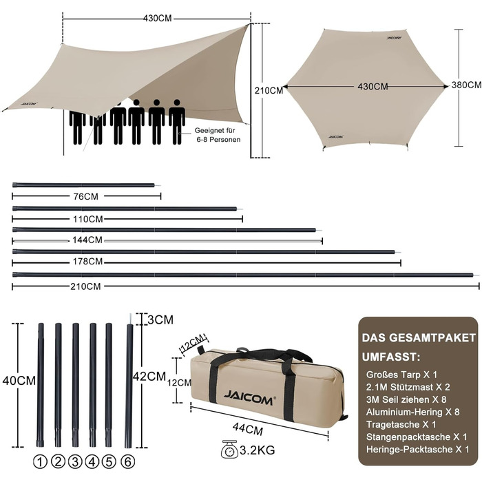 Водонепроникна тентова накидка Tarp 3.7 x 4.3 м з опорами, кільцями, шнуром, для кемпінгу, відпочинку на природі, захисту від сонця та дощу (Хакі)