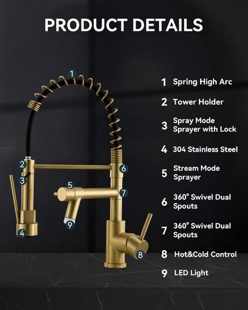 Кран кухонний LED Warmiehomy професійний, 360° поворотний, з двома виливами, високий вигин, спіральна пружина, для мийки, з нержавіючої сталі (золотий)