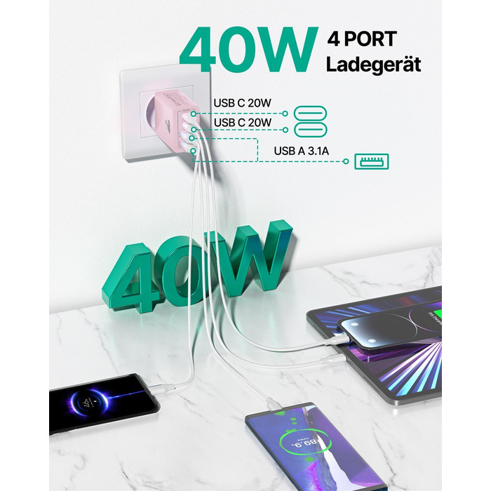 Мережевий адаптер USB-C з 4 портами, 40W, з інтелектуальною зарядкою QC, для iPhone, Samsung та інших телефонів