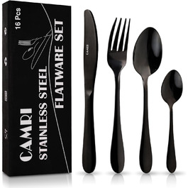 Набір столових приборів CAMRI – 16 предметів з нержавіючої сталі, столовий набір, ножі, виделки, ложки, набір для 4 осіб, придатний для миття в посудомийній машині, чорний матовий/дзеркальний дизайн