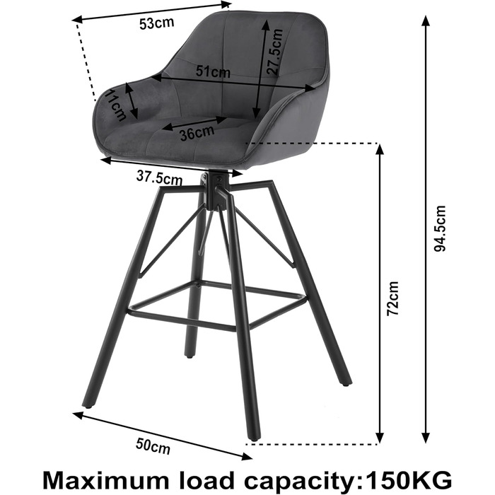 WOLTU 2-Piece Bar Stool Set - Swivel Barstools with Backrest & Footrest - Velvet Upholstered Metal Bar Chairs - Dark Grey