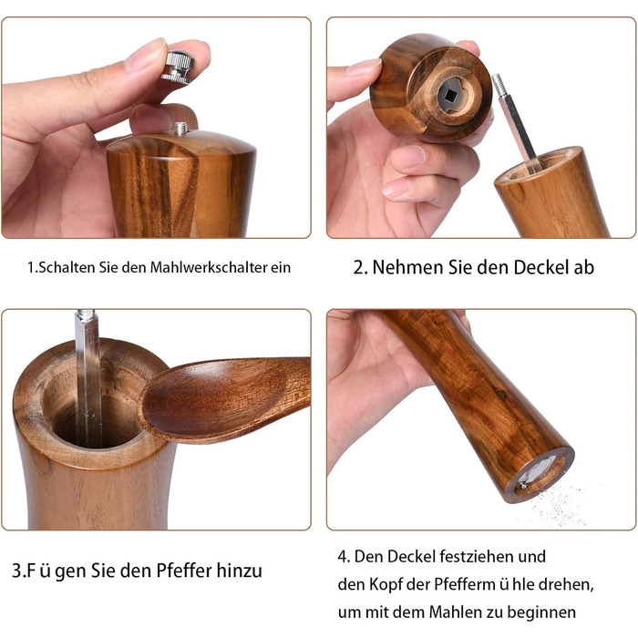 Set of 2 pepper mills made of good wood, salt and pepper mill set, 21 cm length, allows adjustment of the pepper grind, spice grinder with stainless steel core.