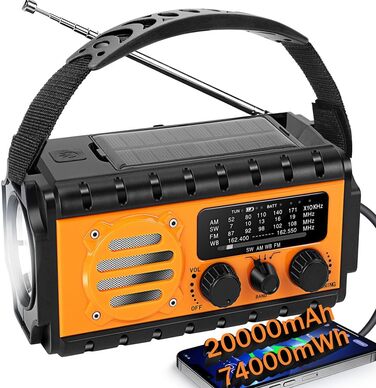 Радіо на ручному валу з сонячною панеллю, 20000 mAh Powerbank, AM/FM/SW/WB радіо погоди, 4 джерела живлення, ліхтарик, USB-C зарядний пристрій & SOS-сигнал, водонепроникне (IPX6) для відпочинку на природі, кемпінгу, будівельних майданчиків, помаранчеве