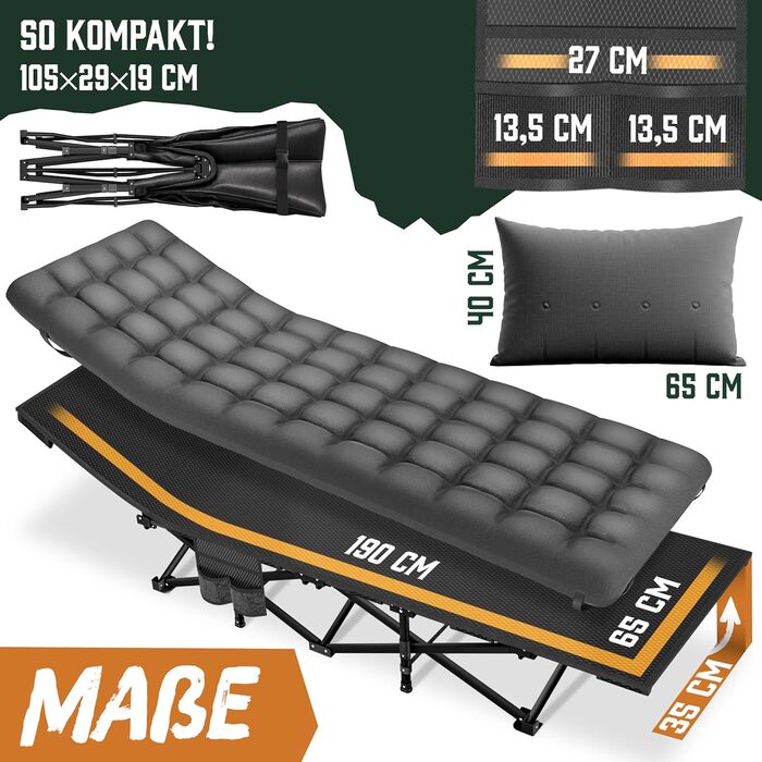 Ліжко кемпінгове розкладне ELONEO NEU Преміум з навантаженням до 200 кг | Гостьове ліжко, лежак для відпочинку в приміщенні та на вулиці | З сумкою для транспортування (Антрацит)