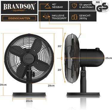 Настільний вентилятор Brandson з мідним дизайном: 3 швидкості, осциляція 80°, кут нахилу 40°, міцний металевий корпус (чорний матовий)