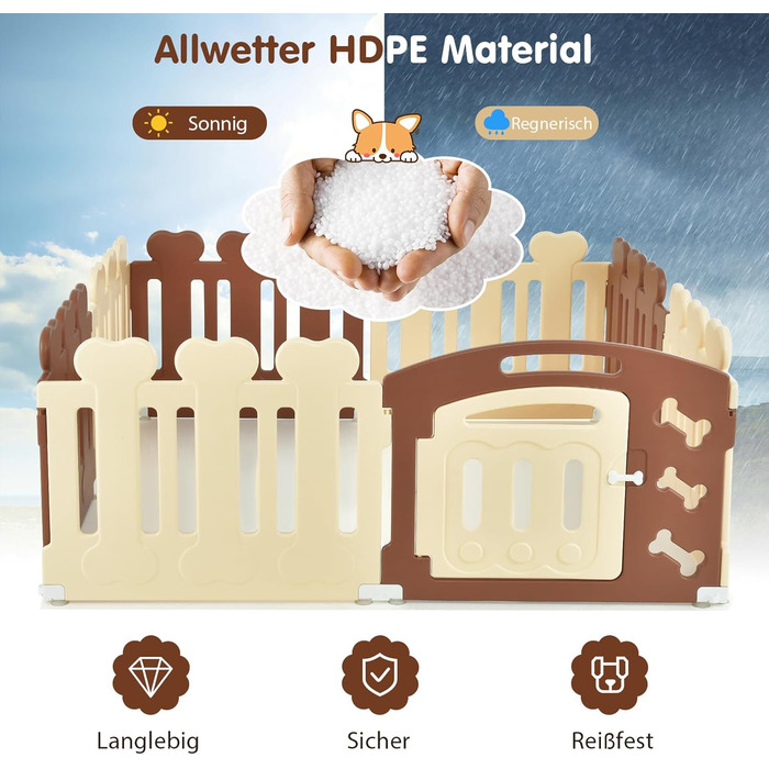 Вольєр для собак COSTWAY з 8 панелей, 60 см, з дверцятами, для дому та саду, HDPE пластик, бежевий + коричневий