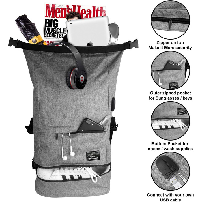 Sports Bag for Men Women, Crossbody Bag for the Gym, Travel Backpack, Gym Bag 3 in 1 Design with Shoe Compartment, Waterproof and Lightweight Gym Bag (Gray)