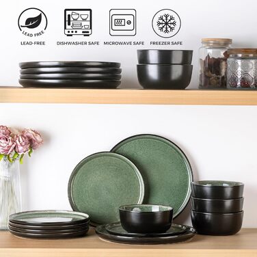 Набір керамічного посуду AmorArc (24 шт.) для 8 осіб: тарілки та миски, реактивна глазур, стійкий до сколів та тріщин, придатний для миття в посудомийній машині та використання в мікрохвильовій печі. Сервіз для 8 осіб (24-teilig), колір: матовий чорний не