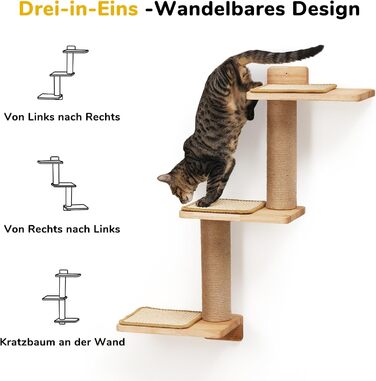 Cat Climbing Wall, Cat Shelves made of Solid Rubberwood and Jute, 3-in-1 Transformable Cat Scratching Post Wall Mounted, DIY Cat Wall/Platform, Suitable for Cats to Climb, Play, and Scratch